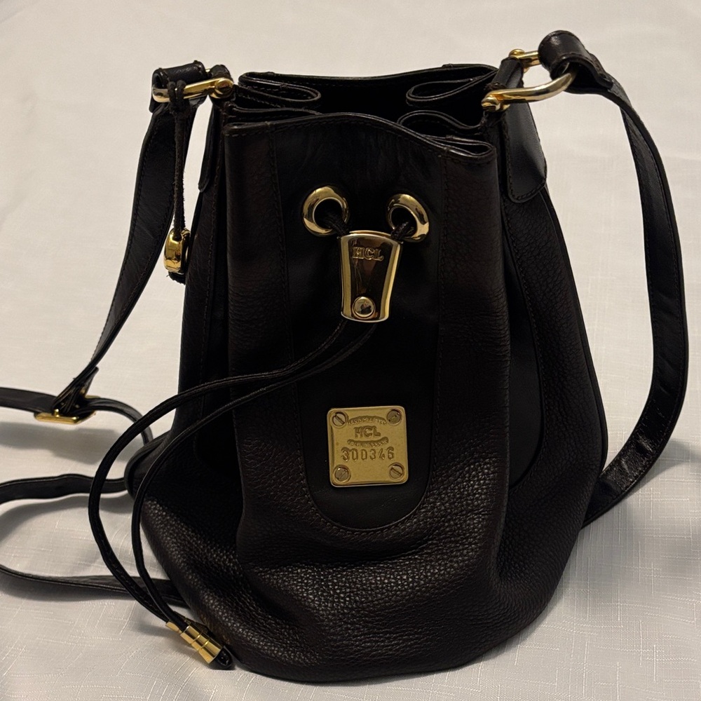 VTG HCL Dark brown 100% pebbled leather bucket crossbody bag gold accents Euro
